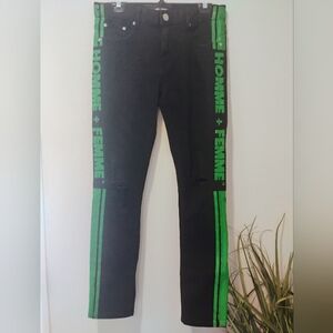 Home And Femme Black Jeans with Green Stripes